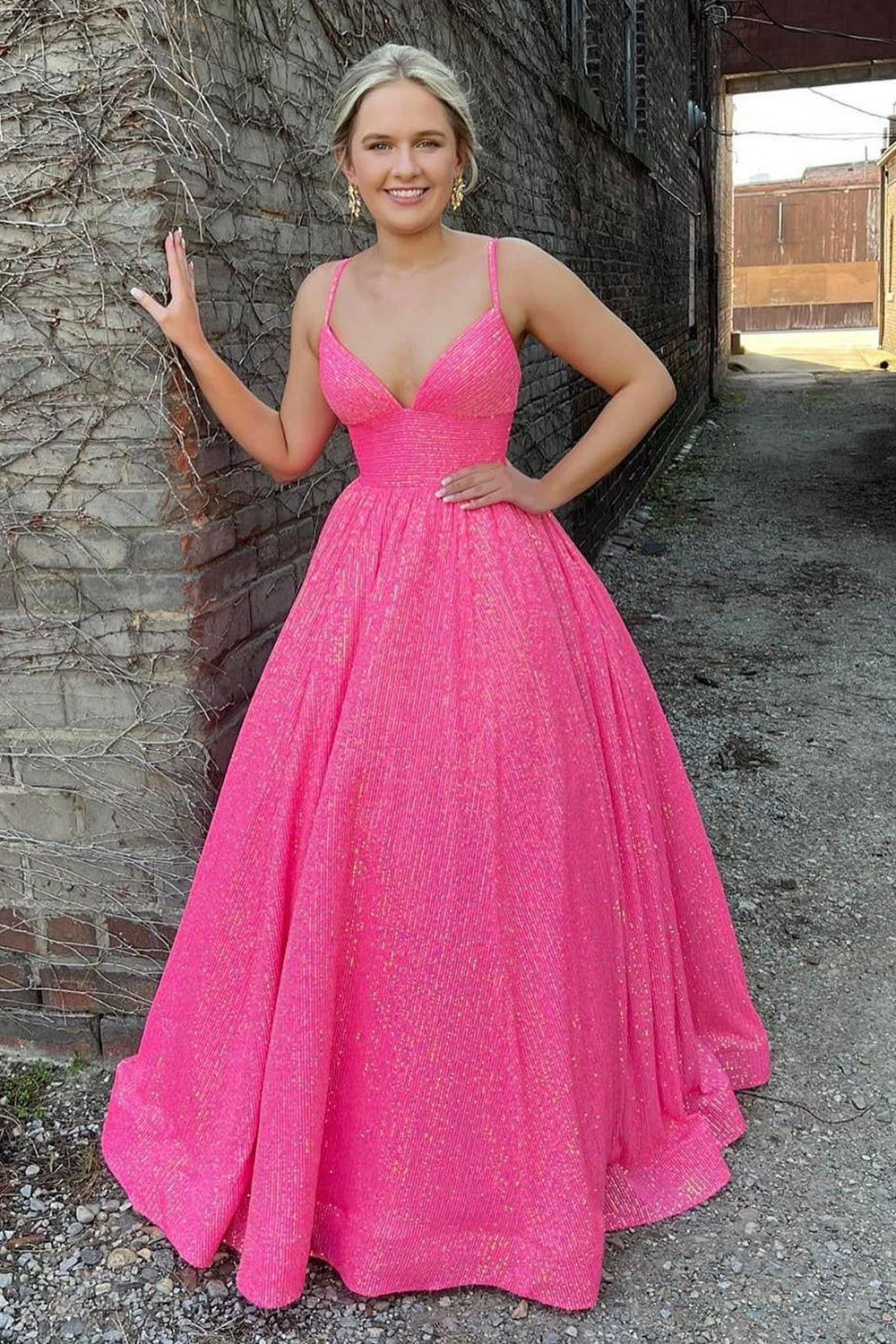 Sparkly Hot Pink Sequins A-Line Long Prom Dress
