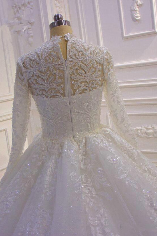 Sparkly Lace Ball Gown High Neck Tull Long Sleeves Wedding Dress