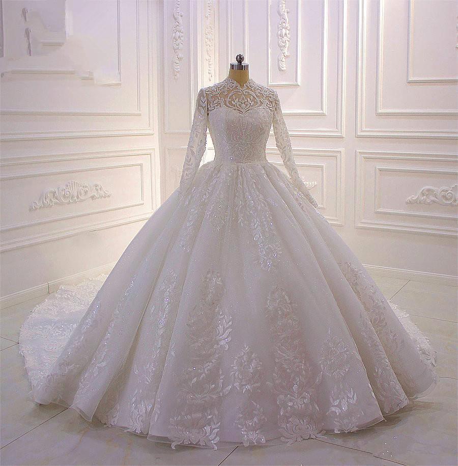 Sparkly Long Sleeve Wedding Dress Lace Ball Gown High Neck Tulle Bridal Gown