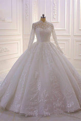Sparkly Long Sleeve Wedding Dress Lace Ball Gown High Neck Tulle Bridal Gown