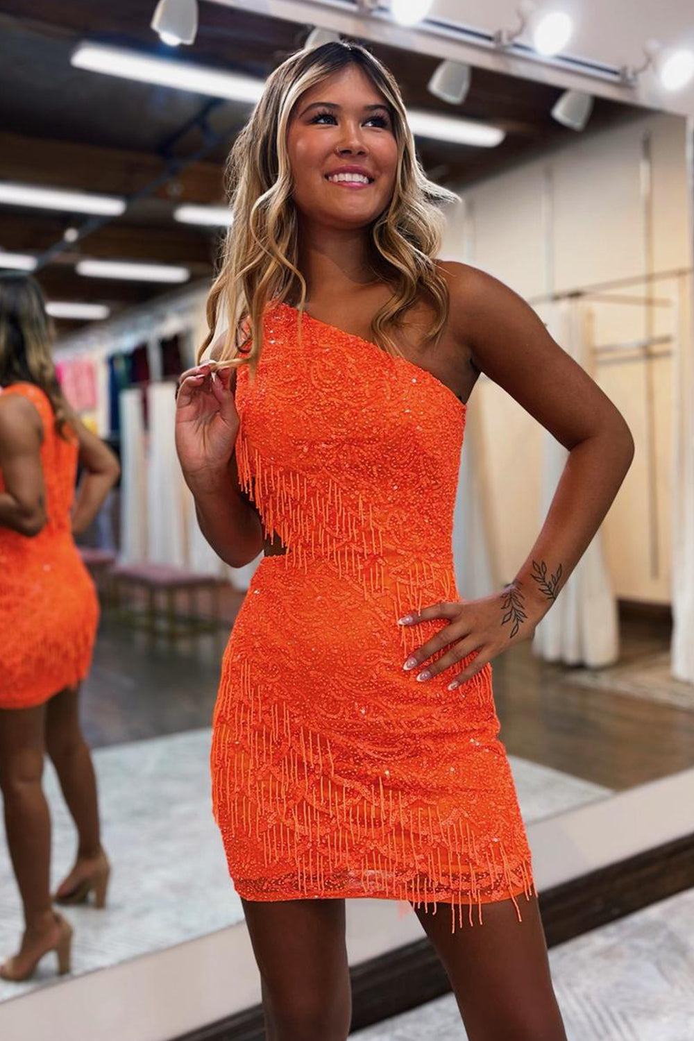 Sparkly Orange One Shoulder Short Graduation Dress