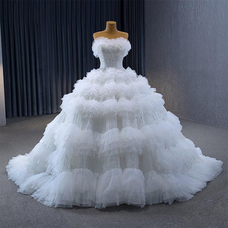 Sparkly Strapless Wedding Dress Ball Gown Sequin Tiered Bridal Dress with Sweep Train
