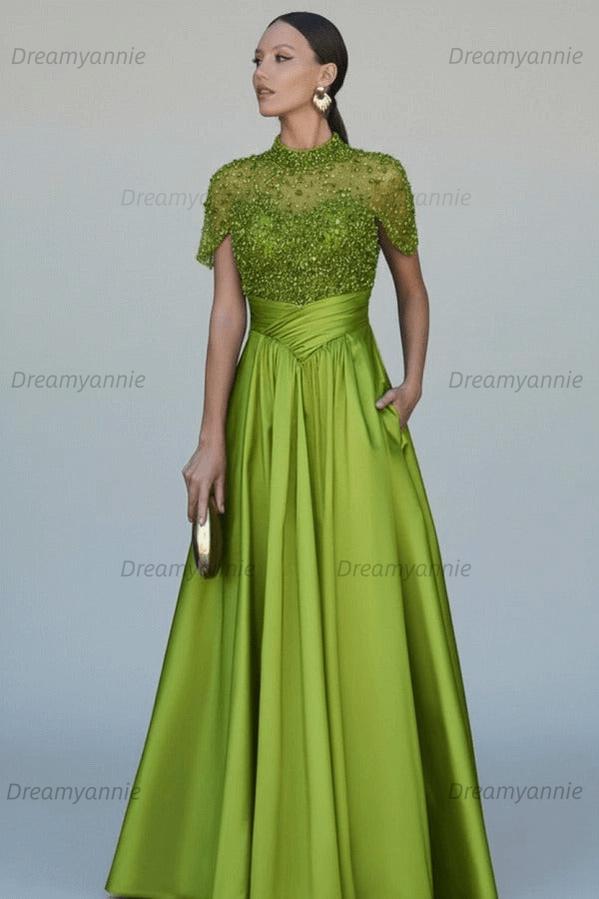 Green A Line Prom Dress Short Sleeve High Neck Beaded Evening Dress