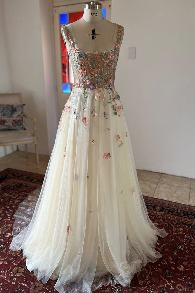 square neckline prom dress Dreamyannie Square Neck Prom Dress A Line Champagne Tulle Sleeveless Formal  Dress – Dreamyannie UK