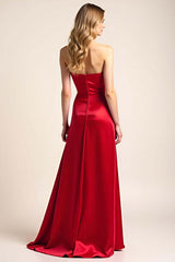 Square Neck Red Wedding Guest Dress Satin Backless Long Formal Dress