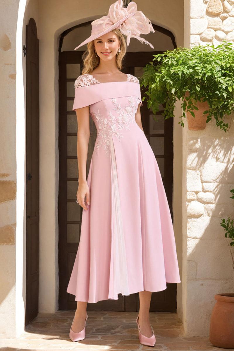 Square Neck Short Sleeve A-Line Princess Mother of the Bride Dress with Ruffles and Appliques