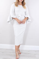 Square Neck Tea-Length Sheath/Column Mother of the Bride Dress with 3/4 Sleeves and Ruffles