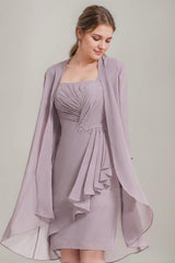 Square Neckline 3/4 Sleeve Knee-Length Sheath/Column Mother of the Bride Dress with Jacket Ruffles Pleats and Beads