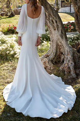 Square Neckline Beach Wedding Dress Long Sleeve Trumpet/Mermaid Bridal Gown with Sweep Train
