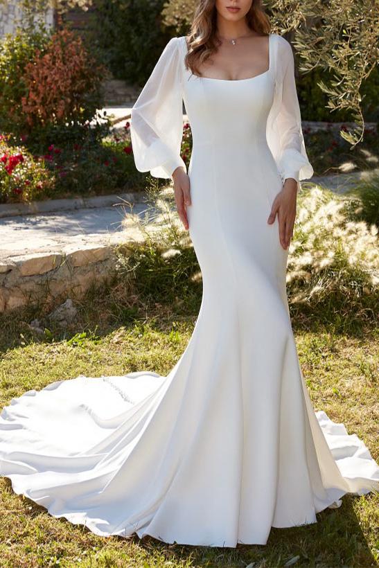 Square Neckline Beach Wedding Dress Long Sleeve Trumpet/Mermaid Bridal Gown with Sweep Train