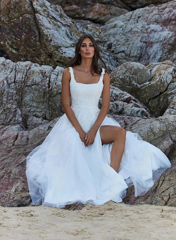 Square Neckline Sleeveless A-Line Tulle Beach Wedding Dresses With Appliques Lace