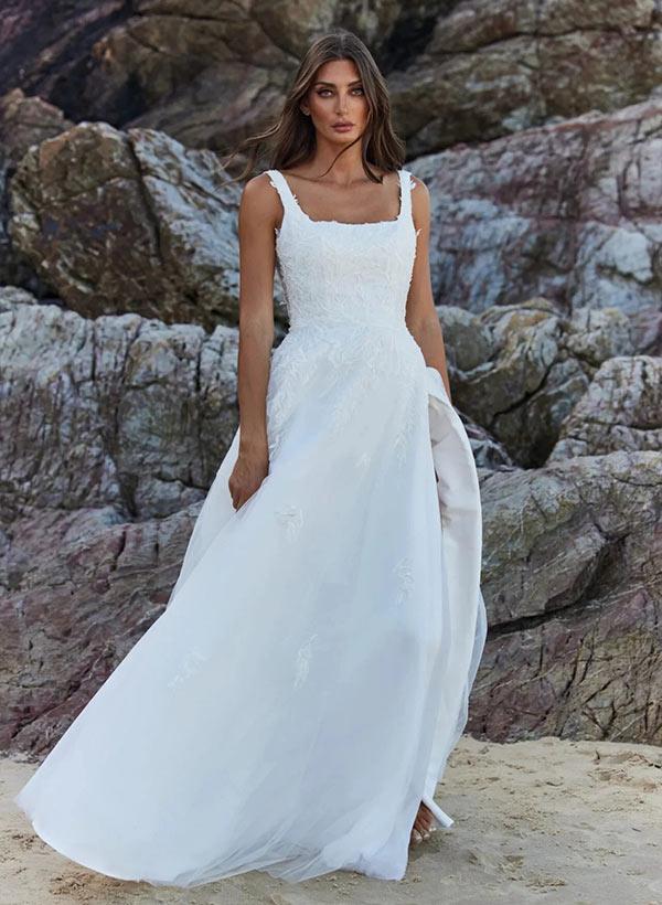 Square Neckline Sleeveless A-Line Tulle Beach Wedding Dresses With Appliques Lace