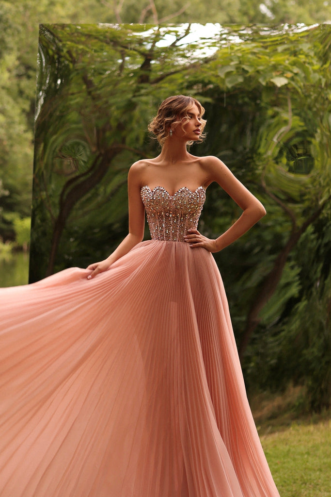 Dreamyannie Women Strapless A Line Prom Dress Beaded Pink Corset Formal Dress – Dreamyannie UK
