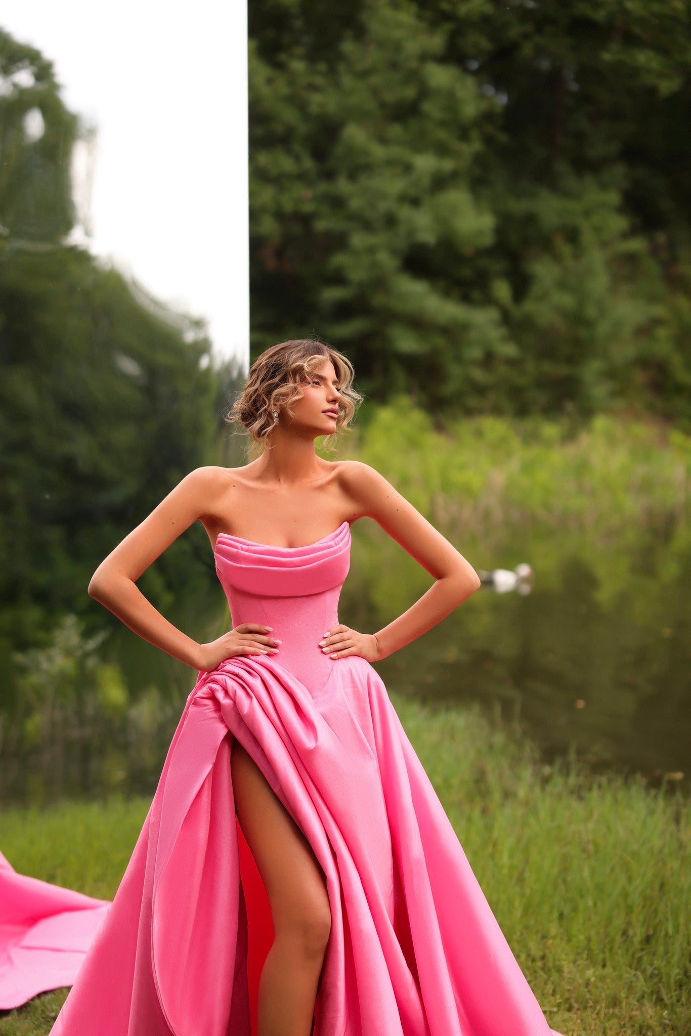 Dreamyannie Women Strapless A Line Prom Dress Satin Pink Formal Dress with Slit Dreamyannie UK Dreamyannie Women Strapless A Line Prom Dress Satin Pink Formal Dress with Slit Dreamyannie UK