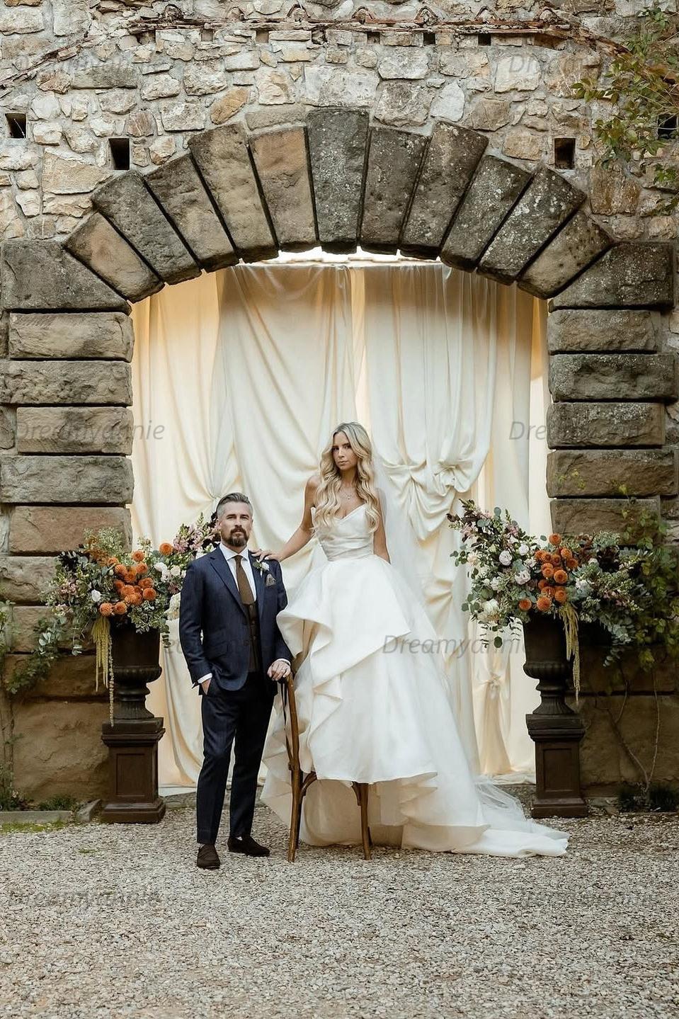 Strapless A Line Wedding Dress Ivory Satin Sleeveless Bridal Gown