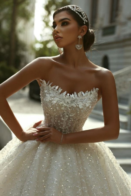 Strapless Beaded Ball Gown Lace Up Cathedral Train Bridal Gown With Appliques