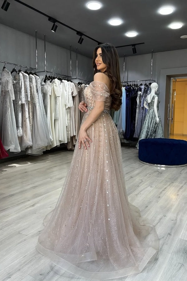 Strapless Beaded Evening Dress Off the Shoulder Formal Dress With Detachable Train