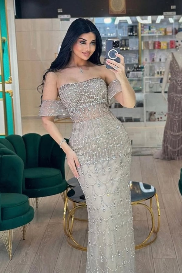 Strapless Beaded Evening Dress Off the Shoulder Formal Dress With Detachable Train