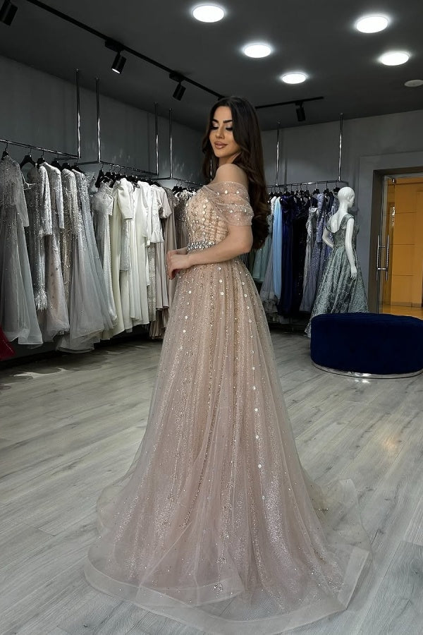 Strapless Beaded Evening Dress Off the Shoulder Formal Dress With Detachable Train