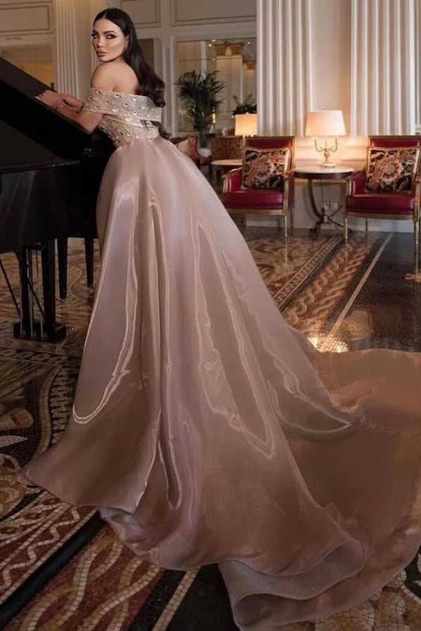 Strapless Evening Dress Beaded Tulle Organza Prom Dress with Panel Train