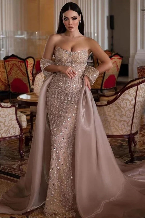 Strapless Evening Dress Beaded Tulle Organza Prom Dress with Panel Train