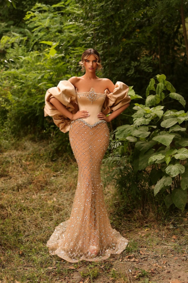 Strapless Evening Dress Mermaid Beaded Formal Dress with Sleeves