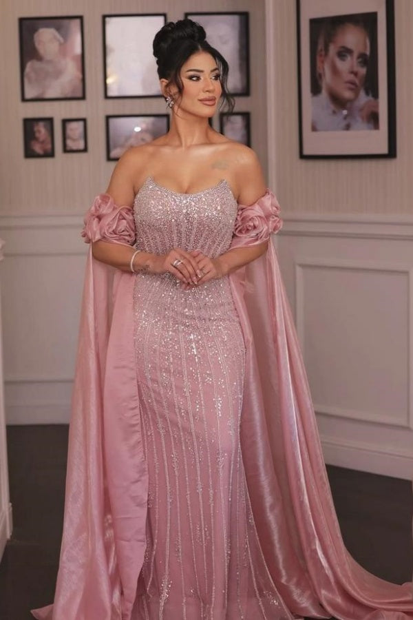 Strapless Evening Dress Pink Sheath/Column Beaded Prom Formal Dress with Sleeve Train