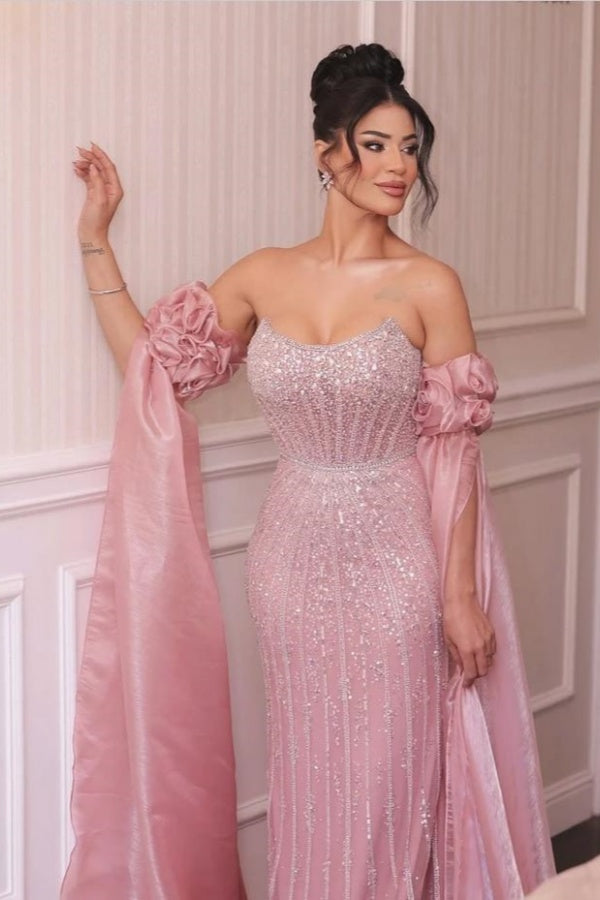 Strapless Evening Dress Pink Sheath/Column Beaded Prom Formal Dress with Sleeve Train