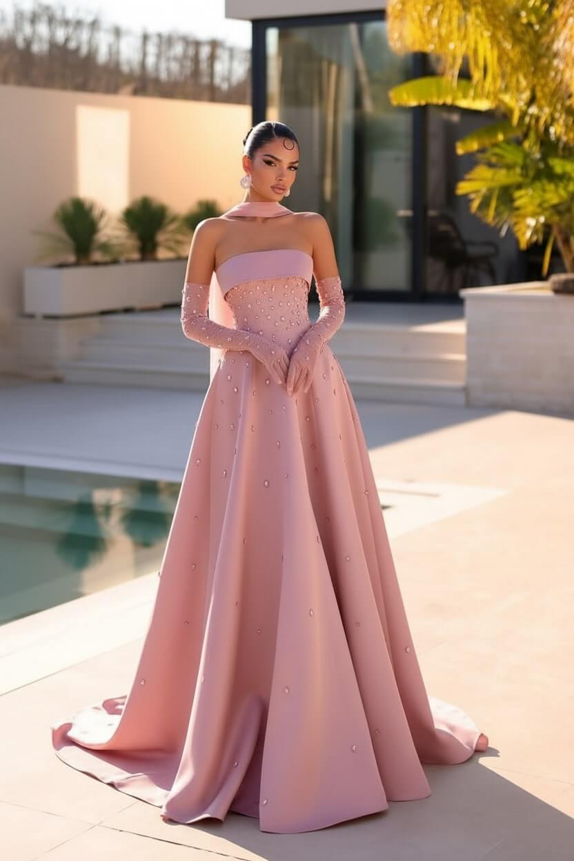 Strapless Formal Dress Light Blue Beaded A Line Prom Evening Dress