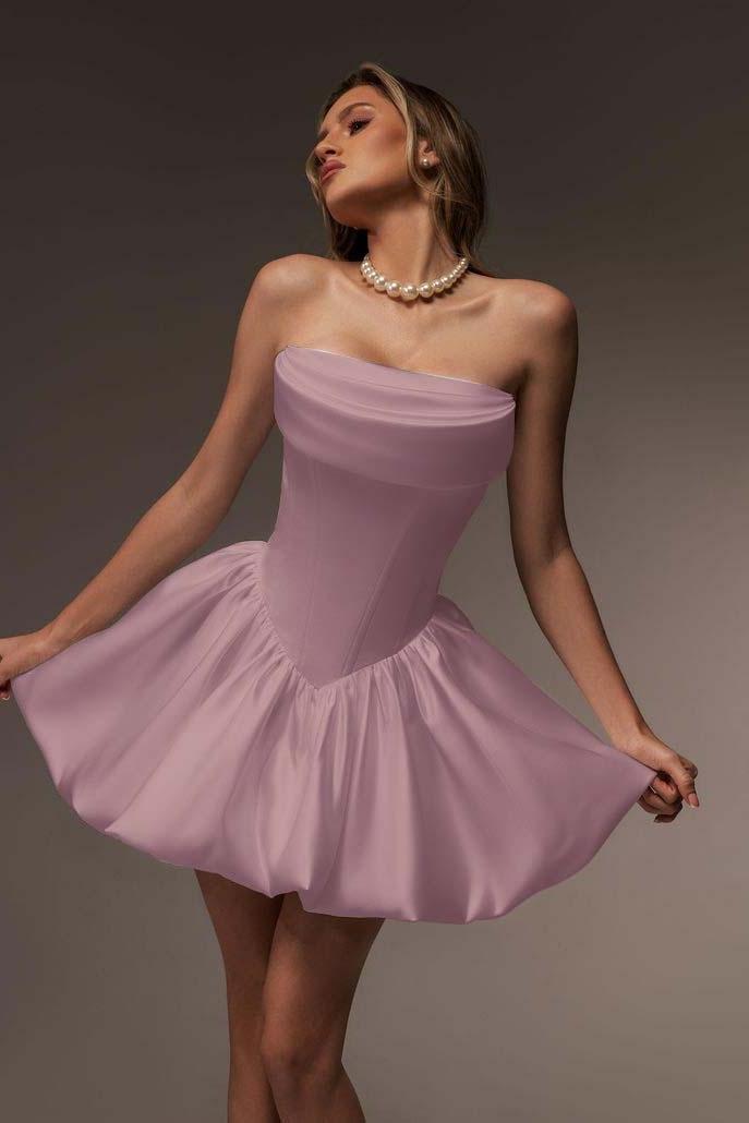 Strapless Graduation Dress Sleeveless Short A Line Cocktail Dress With Pleated