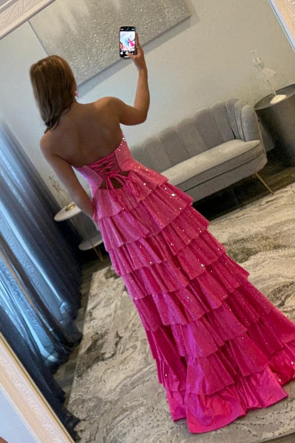 Strapless Hot A-Line Prom Dress With Keyhole Bodice Ruffle Skirt Slit And Lace Up Back Formal Evening Gown