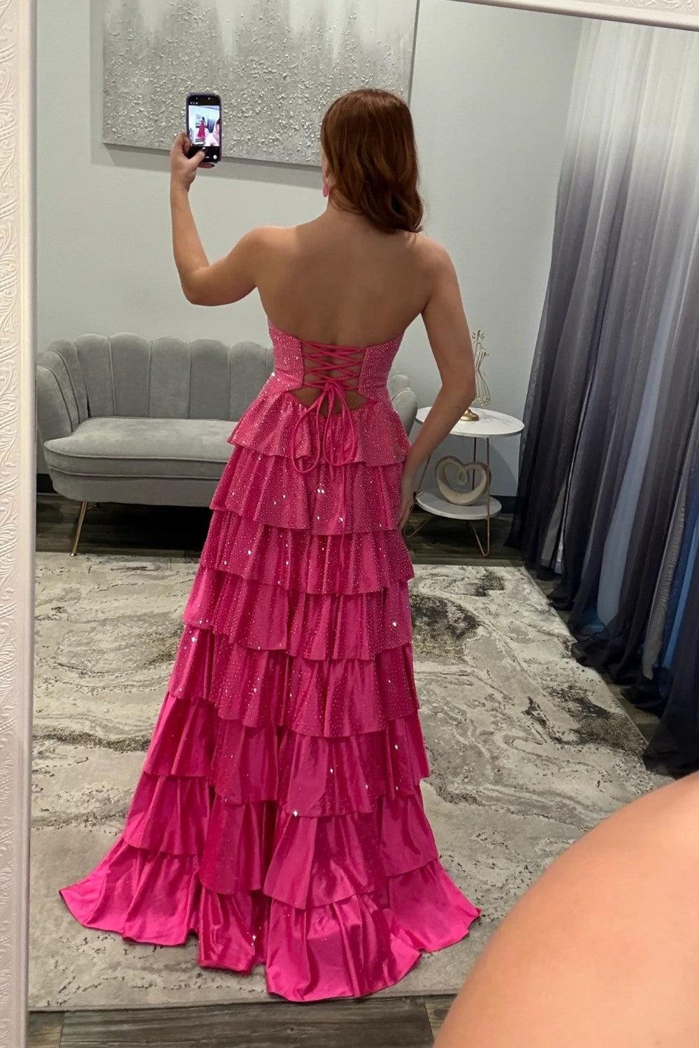 Strapless Hot A-Line Prom Dress With Keyhole Bodice Ruffle Skirt Slit And Lace Up Back Formal Evening Gown