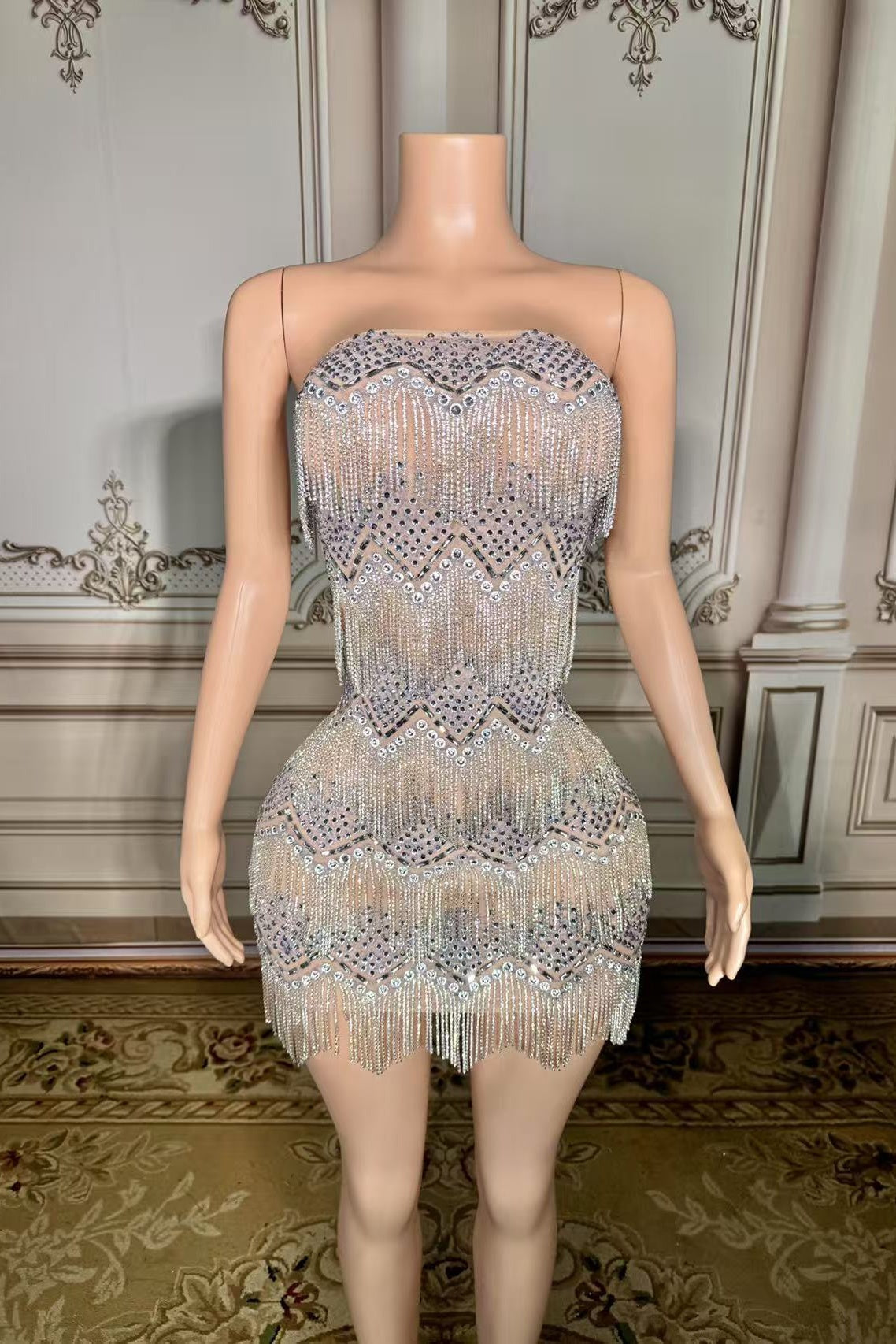 Strapless Mini Graduation Dress Silver Cocktail 1920s Party Dress with Fringes