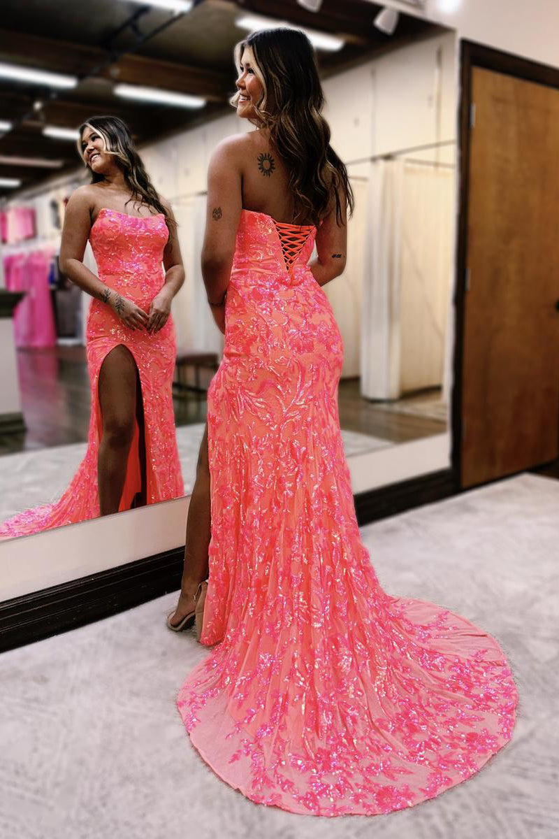 Strapless Prom Dress Sequin Lace Mermaid Formal Dress With Split