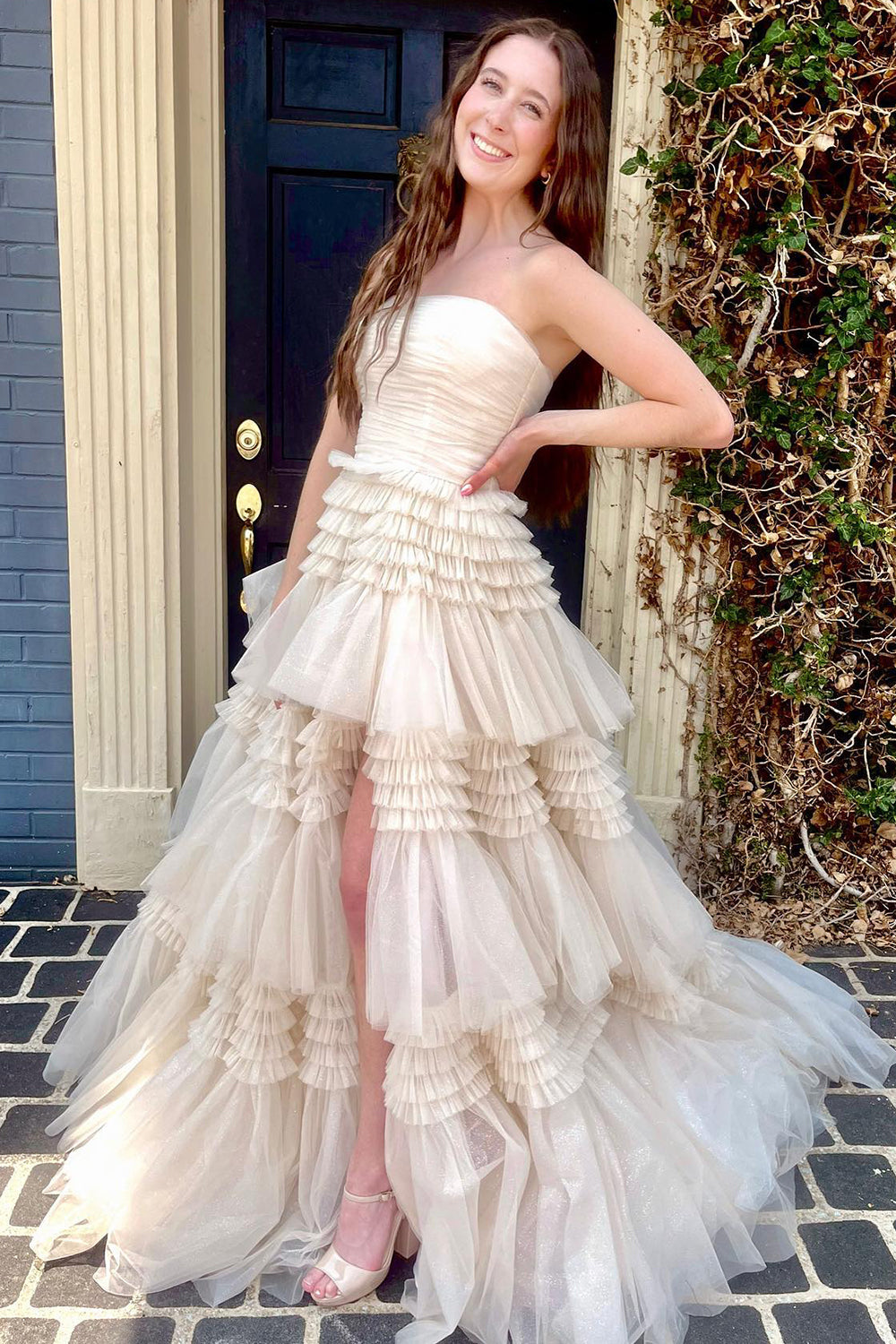 Strapless Prom Dress Tulle Long Tiered Cocktail Dress with Slit