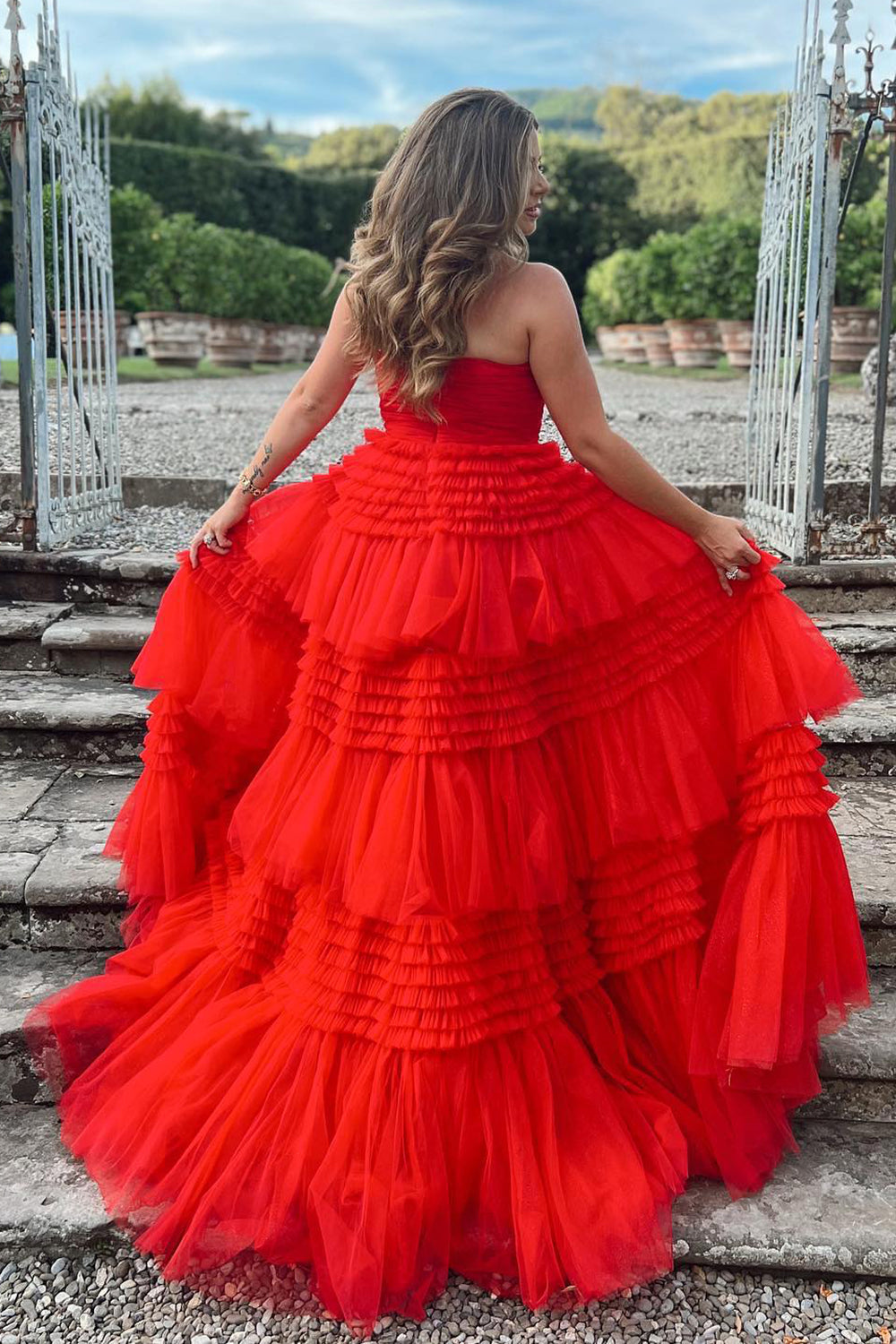 Strapless Prom Dress Tulle Long Tiered Cocktail Dress with Slit