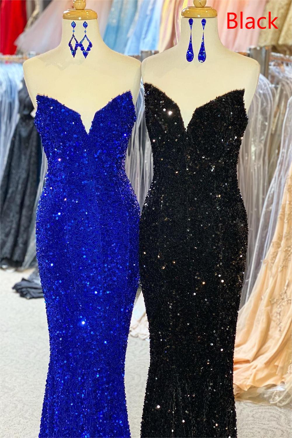 Strapless Sequined Black Prom Dress Mermaid Evening Dress