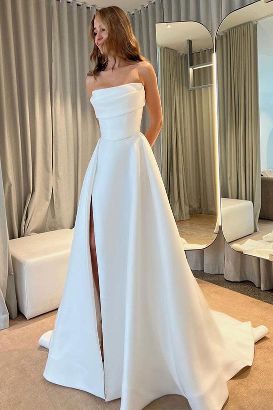 Strapless Sleeveless Court Train Satin Beach Wedding Dresses With Split Front