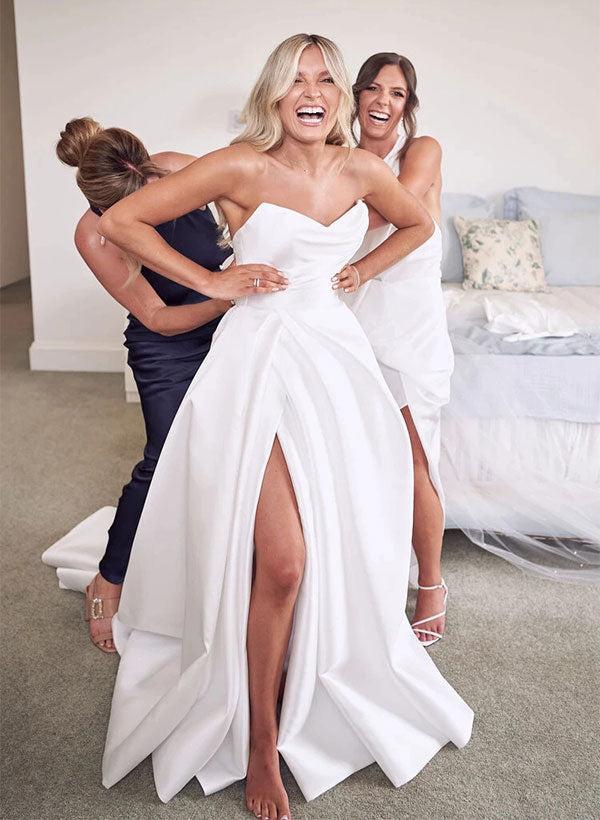 Strapless Sleeveless Satin Ball-Gown Beach Wedding Dress With Sweep Train and Split Front