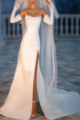 Strapless Sleeveless Satin Sweep Train Beach Wedding Dress