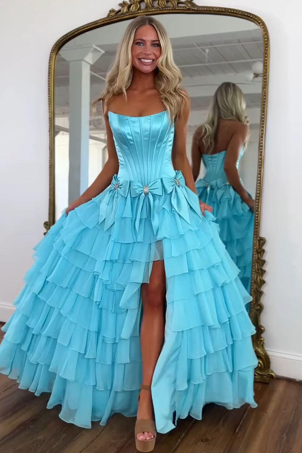 Strapless Tiered Princess A-Line Prom Dress With Slit And Bow Formal Evening Gown