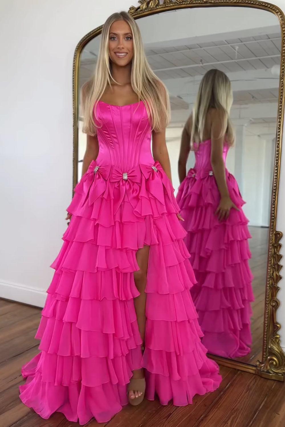 Strapless Tiered Princess A-Line Prom Dress With Slit And Bow Formal Evening Gown
