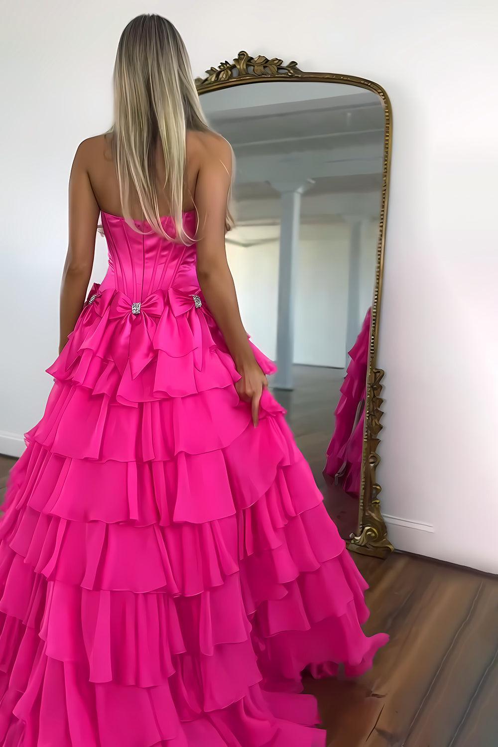 Strapless Tiered Princess A-Line Prom Dress With Slit And Bow Formal Evening Gown