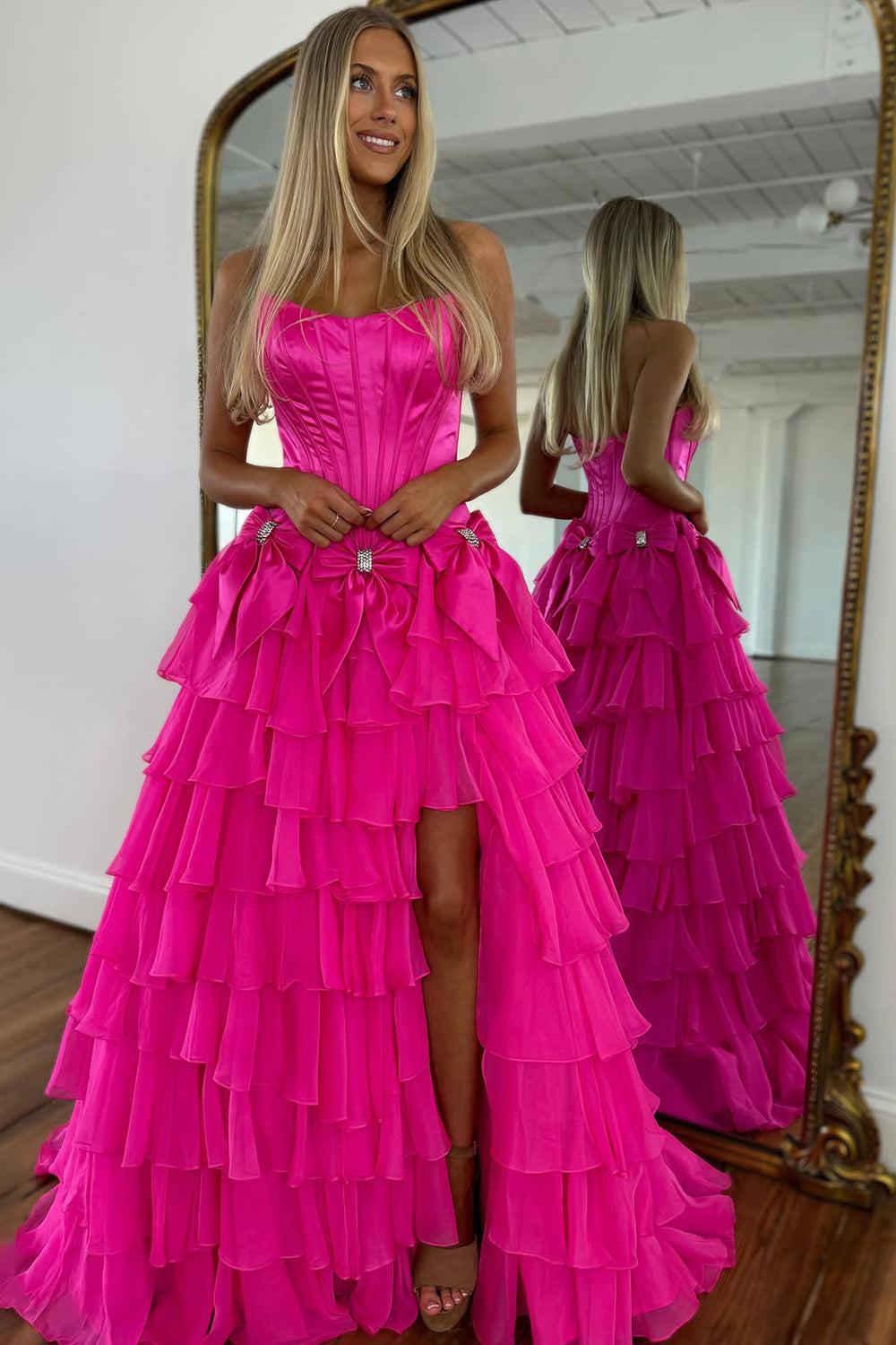 Strapless Tiered Princess A-Line Prom Dress With Slit And Bow Formal Evening Gown