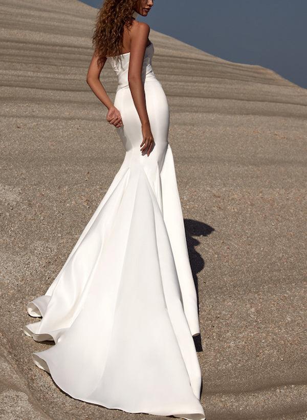 Strapless Trumpet Mermaid Elastic Satin Beach Wedding Dresses With Court Train