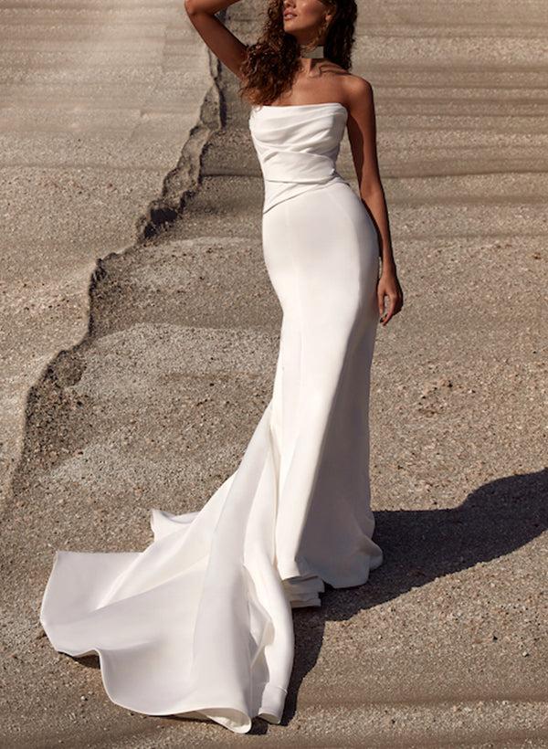 Strapless Trumpet Mermaid Elastic Satin Beach Wedding Dresses With Court Train