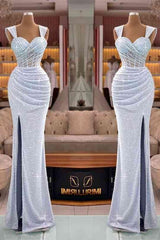 Straps Sweetheart Mermaid Sequin Split Evening Dress with Pleated Glamour