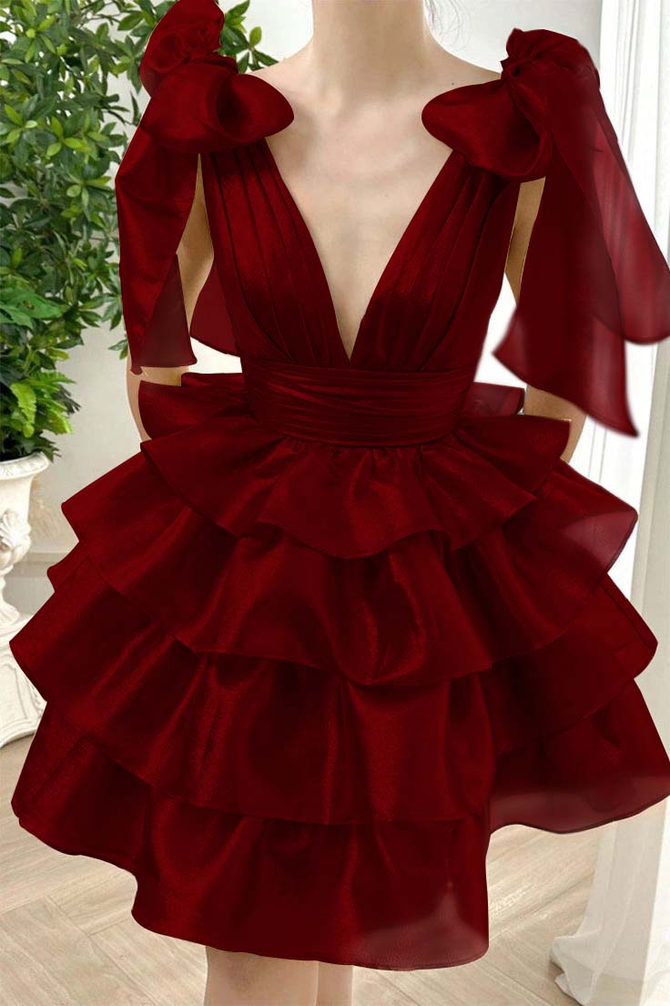 Straps V Neck Graduation Dress Sleeveless Short Cocktail Dress With Ruffles