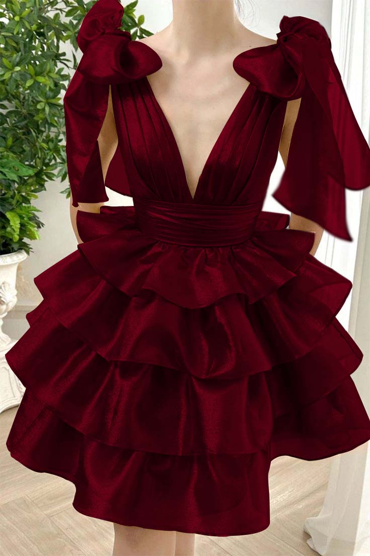 Straps V Neck Graduation Dress Sleeveless Short Cocktail Dress With Ruffles