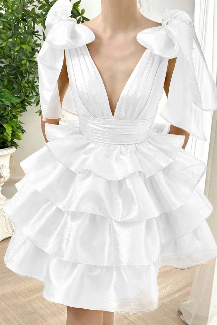 Straps V Neck Graduation Dress Sleeveless Short Cocktail Dress With Ruffles